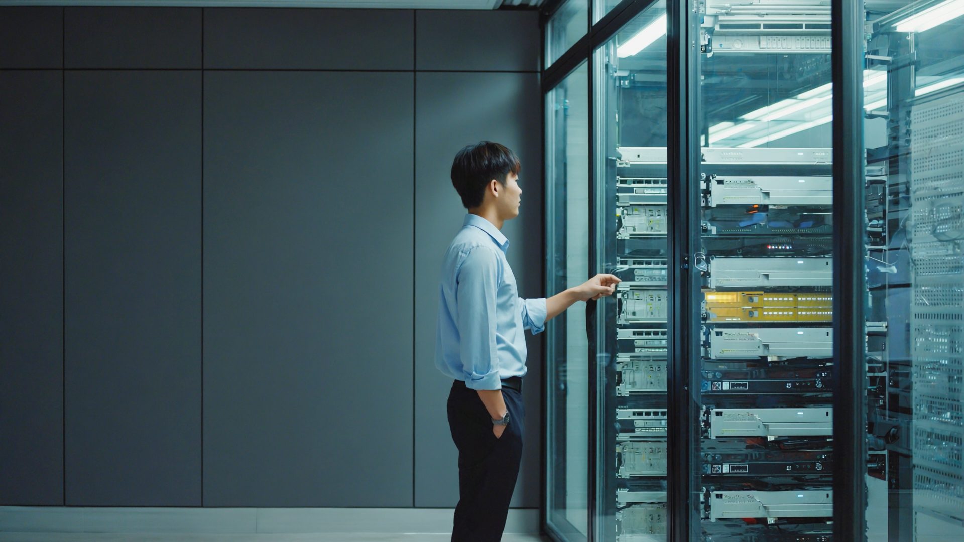 Employee in a Luxembourg office next to a small server room; the workplace is visible through the glass door.