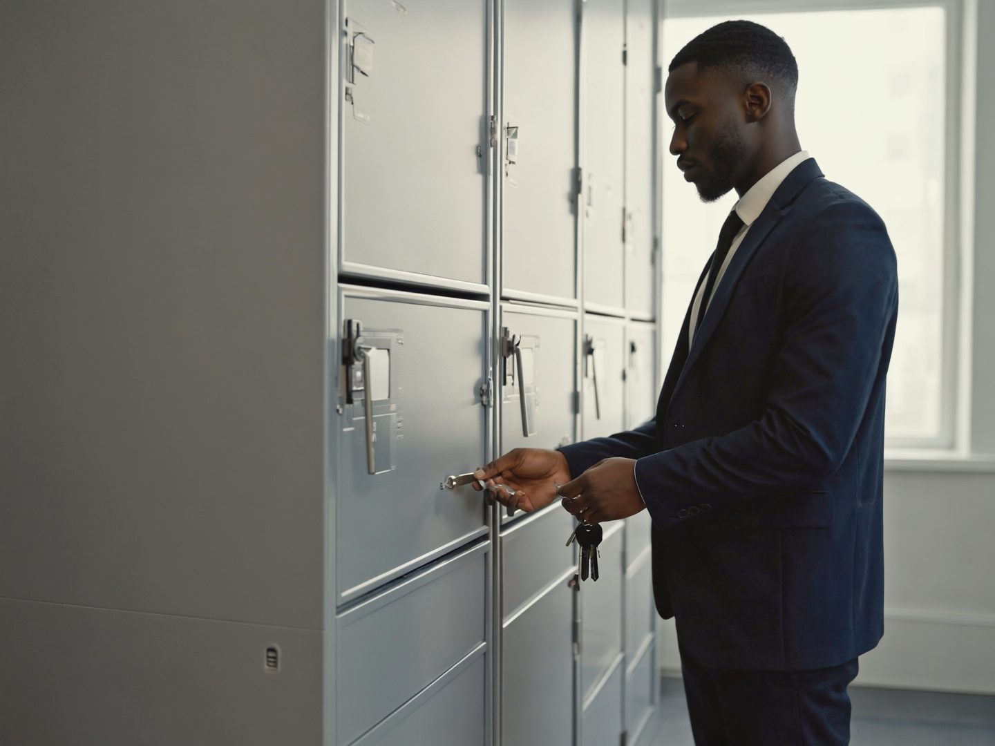 Locked server cabinet in an office room, a person with a set of keys standing in front of it.